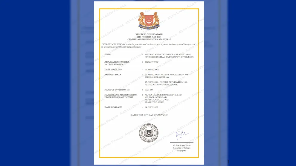 Alpha Ladder Finance Secures Foundational Patent for Real-World Assets Tokenisation (RWA Token) with Its Non-Fungible Digital Twin (NFDT) Technology